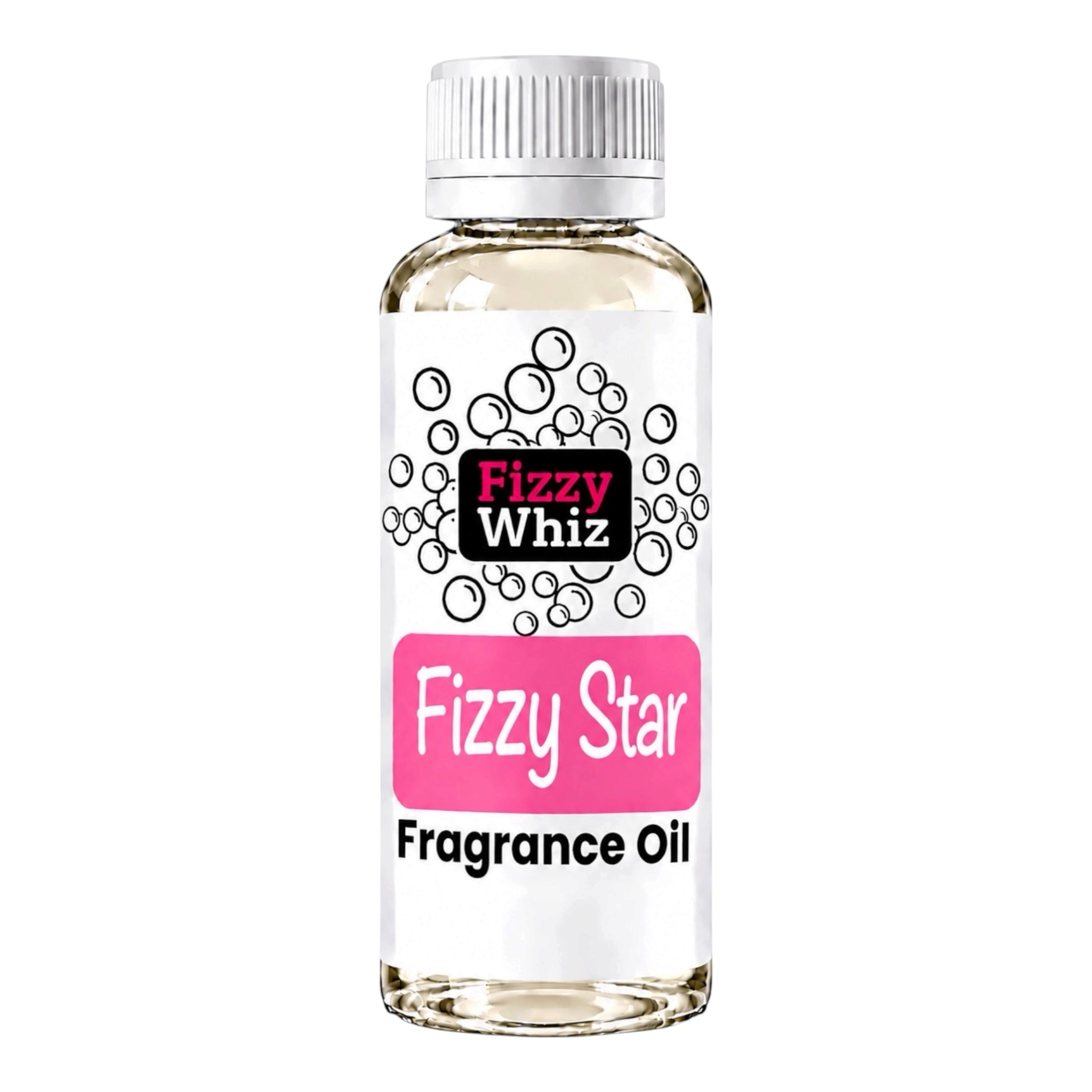 A bottle of Fizzy Whiz Fizzy Star Fragrance Oil with a white cap, clear glass bottle showing the oil inside, and a white label with pink and black text.