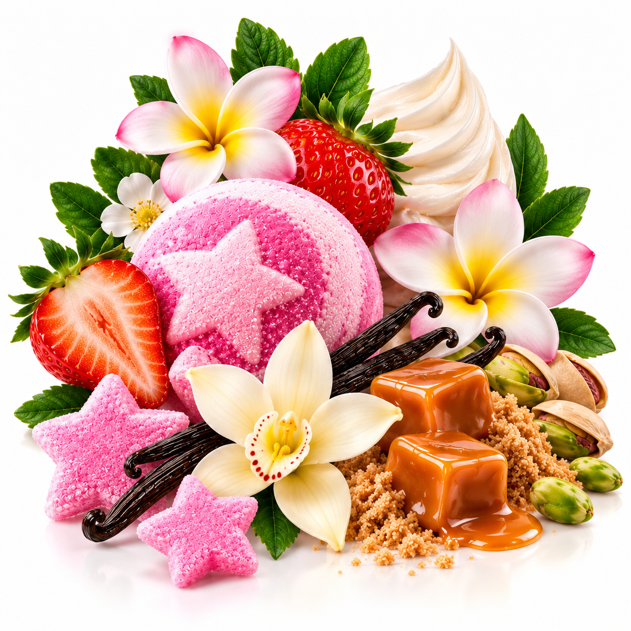 A styled arrangement of pink sugar-coated star-shaped candies, pink and white plumeria flowers, strawberries, vanilla beans, caramel cubes, brown sugar crumbs, and pistachios on a white background.