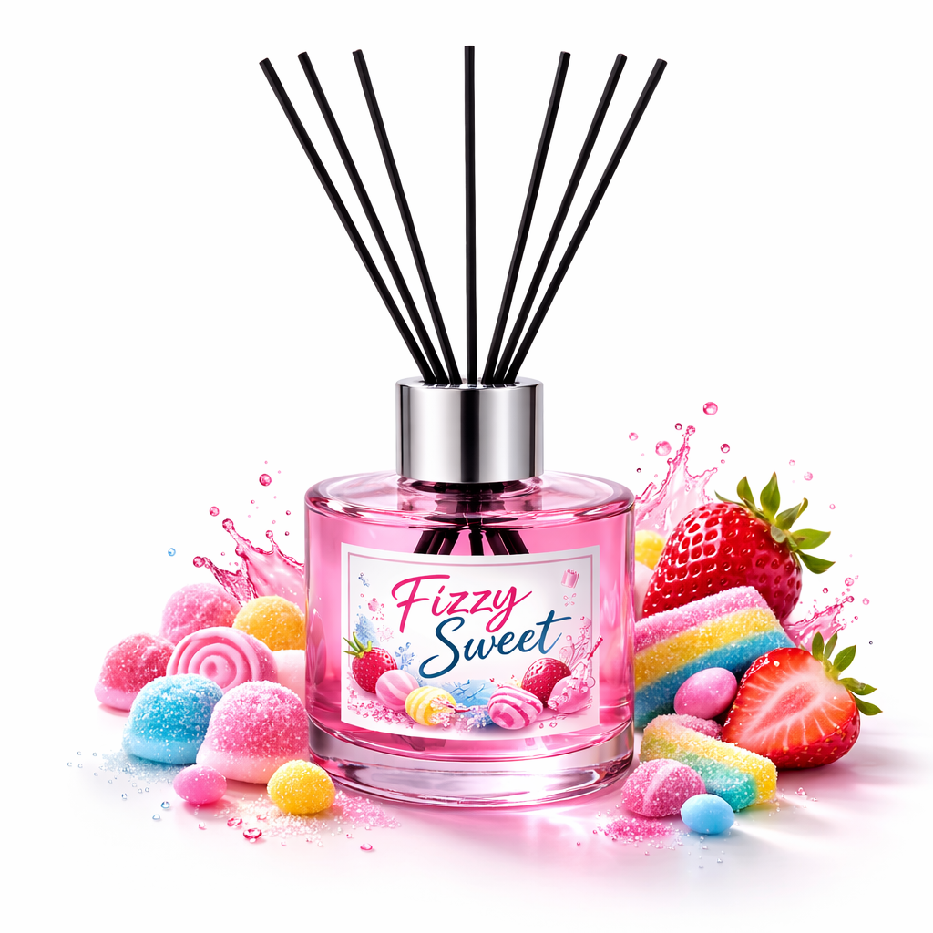 Reed diffuser labeled 'Fizzy Sweet' with candy-themed design on a white background