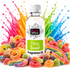 A bottle of Fizzy Whiz Fragrance Oil labeled 'Fizzy Sweet' stands centered against a white background, surrounded by colorful candy rings and rainbow-shaped gummy candies, with bright pink, orange, green, and blue liquid splashes behind it.