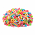A pile of assorted sour gummy candies in many bright colors, including rainbow-striped gummies, ring gummies, worm gummies, and berry gummies, photographed on a clean white background.