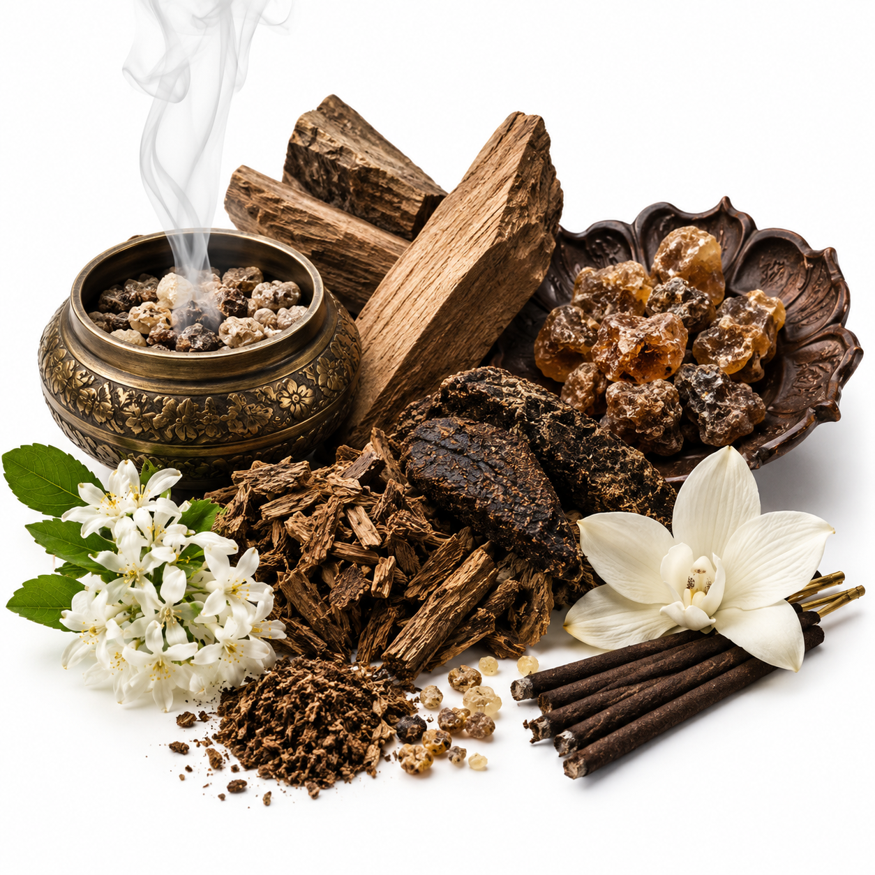 Nag Champa fragrance scene featuring rich aromatic woods, smouldering incense, warm resins and delicate white flowers on a clean white background.
