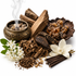Nag Champa fragrance scene featuring rich aromatic woods, smouldering incense, warm resins and delicate white flowers on a clean white background.