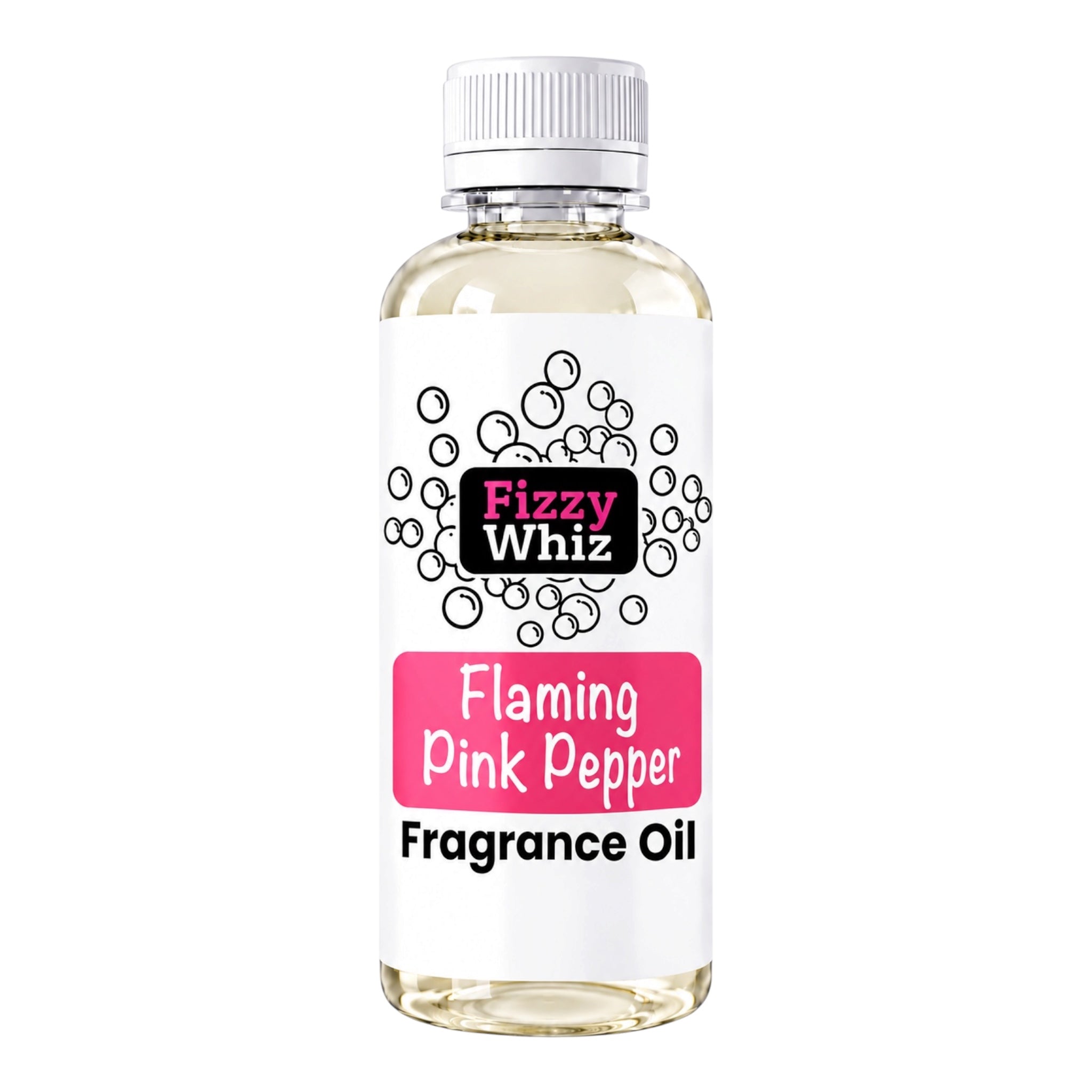 A bottle of Fizzy Whiz Flaming Pink Pepper Fragrance Oil, featuring a white label with pink and black text, a white cap, and a clear bottle showing the pale yellow liquid inside, set against a plain white background.
