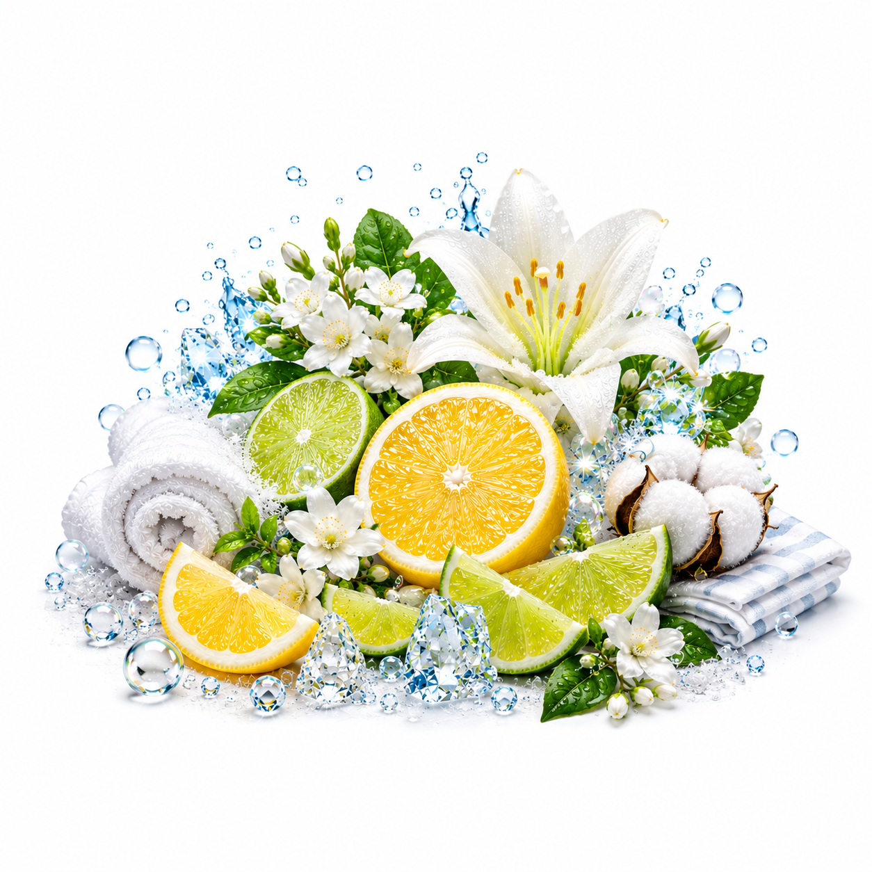 A styled arrangement of bright citrus slices, lime wedges, white lily flowers, green leaves, cotton boll, rolled white towels, and clear ice crystals on a white background, with blue water droplets around the arrangement.