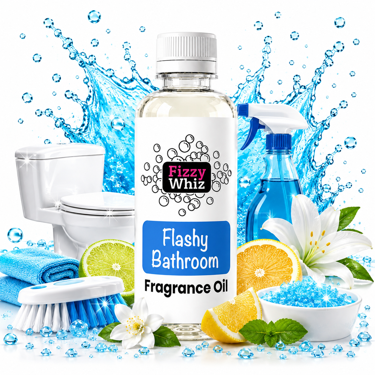 A bottle of Fizzy Whiz Flashy Bathroom Fragrance Oil is centered in a clean studio-style composition, surrounded by bathroom-cleaning props including a spray bottle, toilet, brush, towel, flowers, citrus slices, and blue cleaning beads. The background is white with a blue water-splash graphic.
