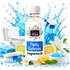 A bottle of Fizzy Whiz Flashy Bathroom Fragrance Oil is centered in a clean studio-style composition, surrounded by bathroom-cleaning props including a spray bottle, toilet, brush, towel, flowers, citrus slices, and blue cleaning beads. The background is white with a blue water-splash graphic.
