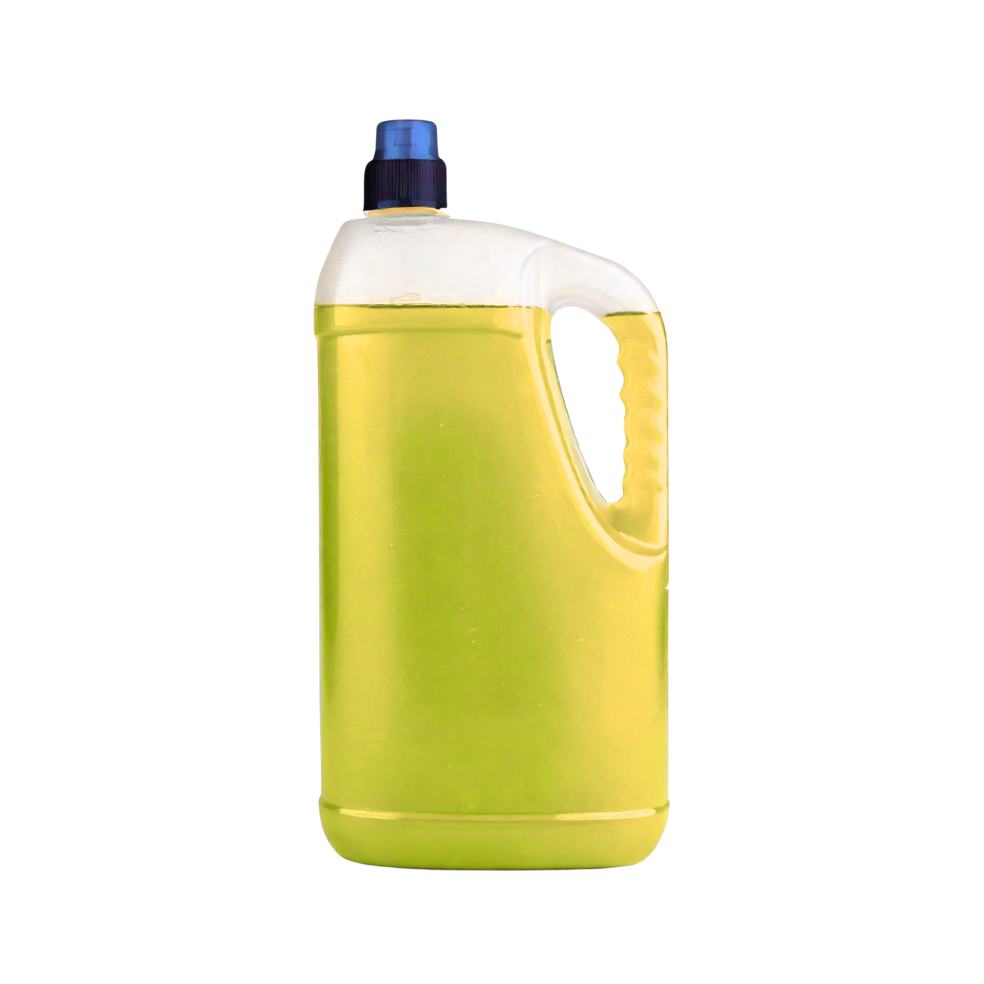 Clear plastic detergent-style bottle with built-in handle and blue cap, filled with yellow liquid, shown upright on a light background.