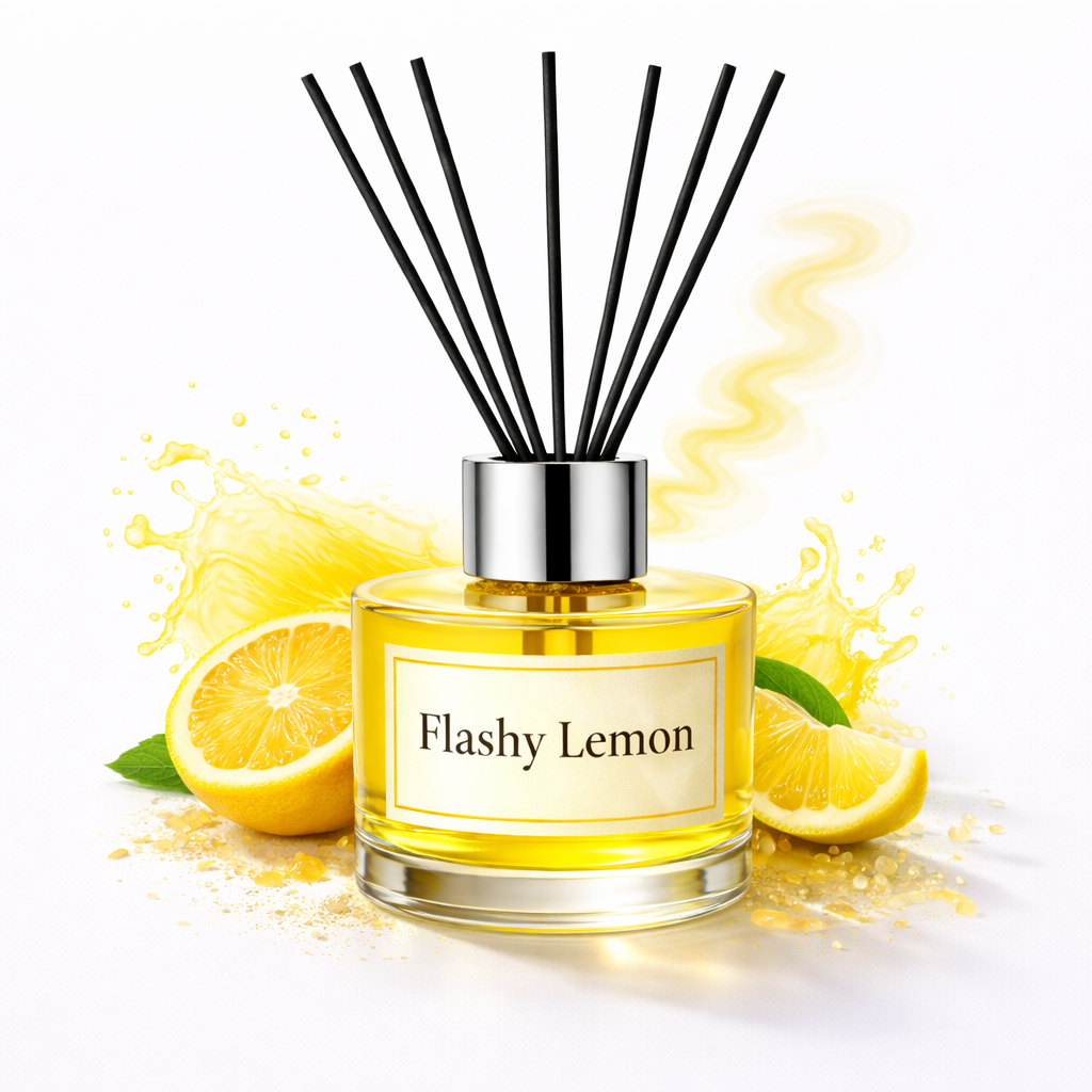 Reed diffuser labeled 'Flashy Lemon' with lemon slices and leaves on a white background