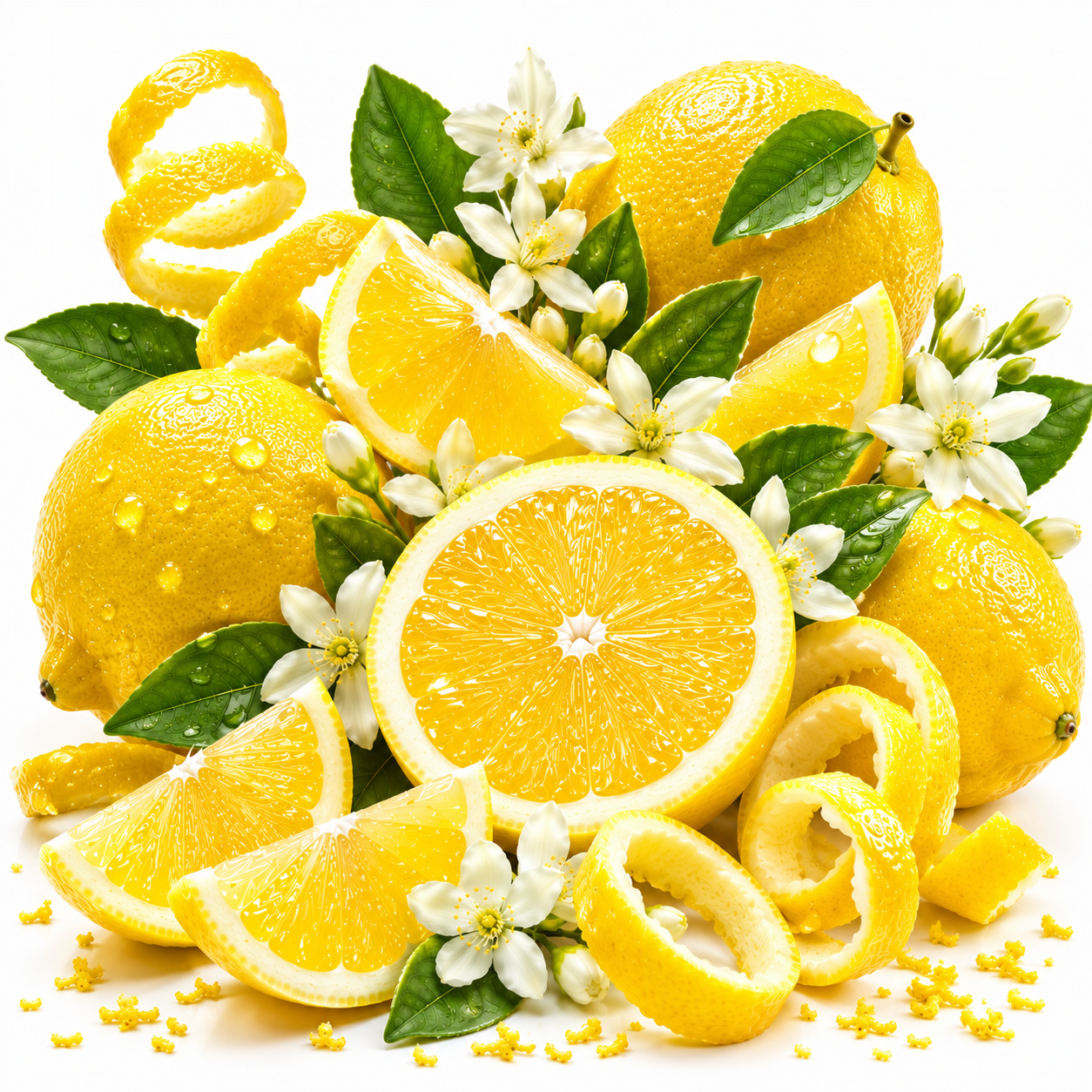 A bright, stylized arrangement of lemons and citrus peels with white blossoms and green leaves on a clean white background.