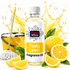 A bottle of Fizzy Whiz Flashy Lemon Fragrance Oil centered on a white background, surrounded by bright yellow lemon slices, whole lemons, green leaves, and a yellow cleaning bucket with a mop. A stylized yellow liquid splash graphic appears behind the bottle.