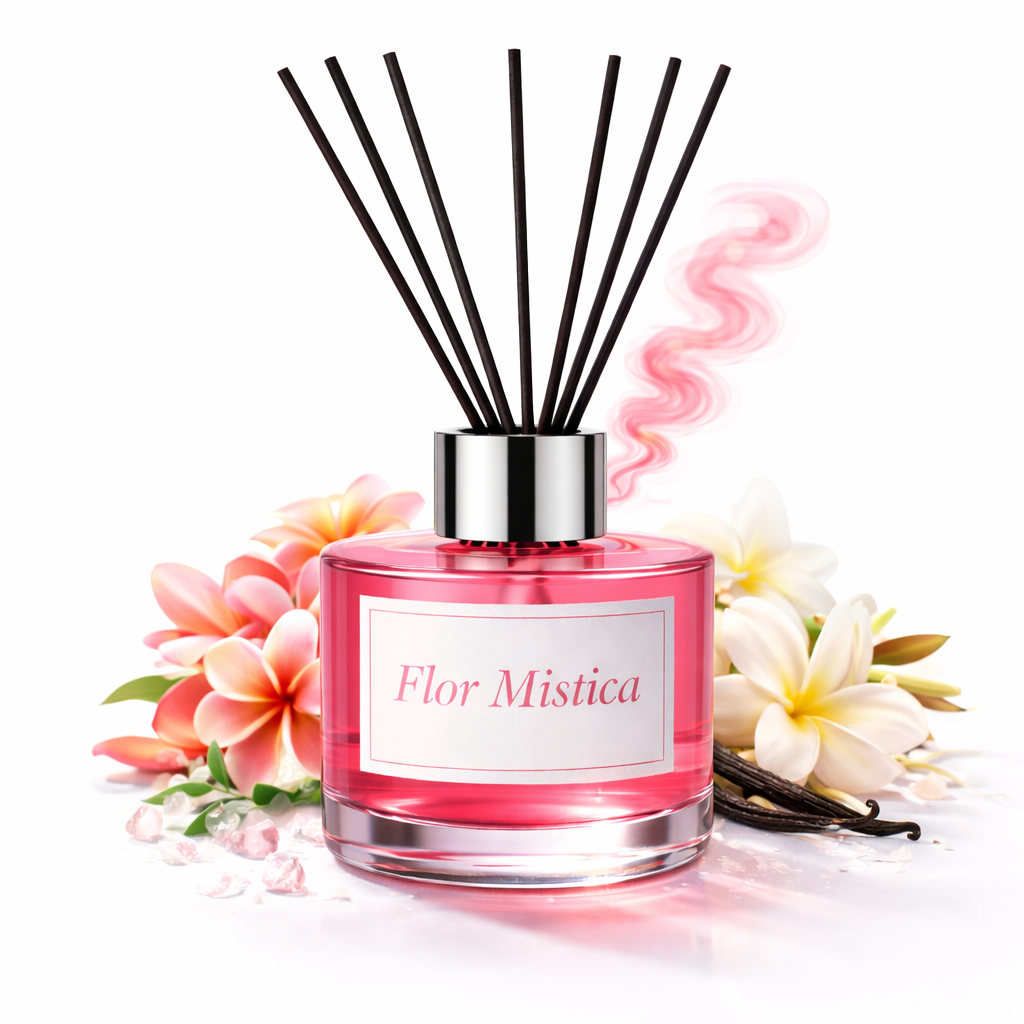 Pink diffuser bottle labeled 'Flor Mistica' with black sticks surrounded by flowers on a white background