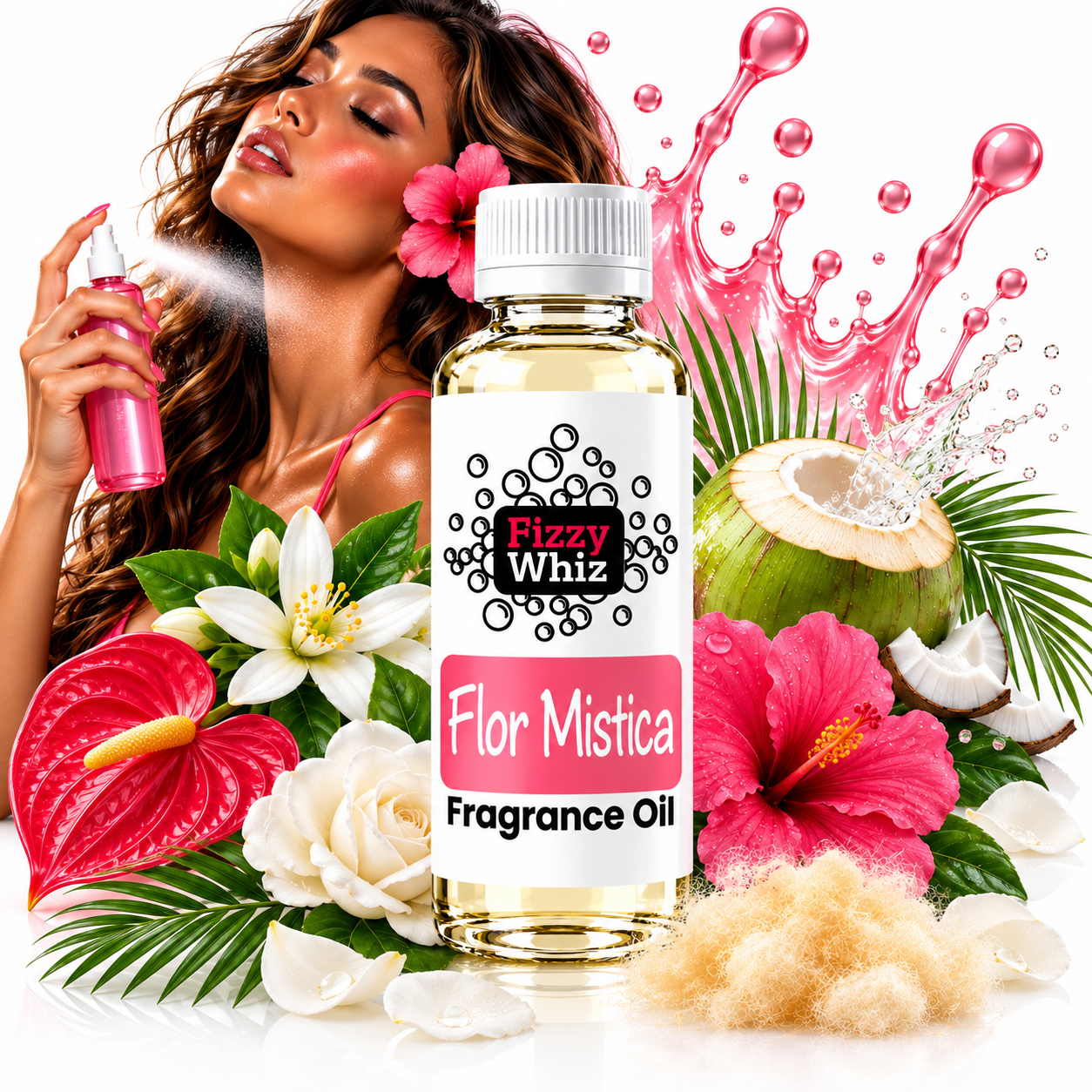 A bottle of Fizzy Whiz Flor Mistic fragrance oil is centered against a white background, surrounded by tropical flowers, green leaves, a coconut half, and a woman holding a pink spray bottle. Pink liquid splashes and droplets decorate the scene.