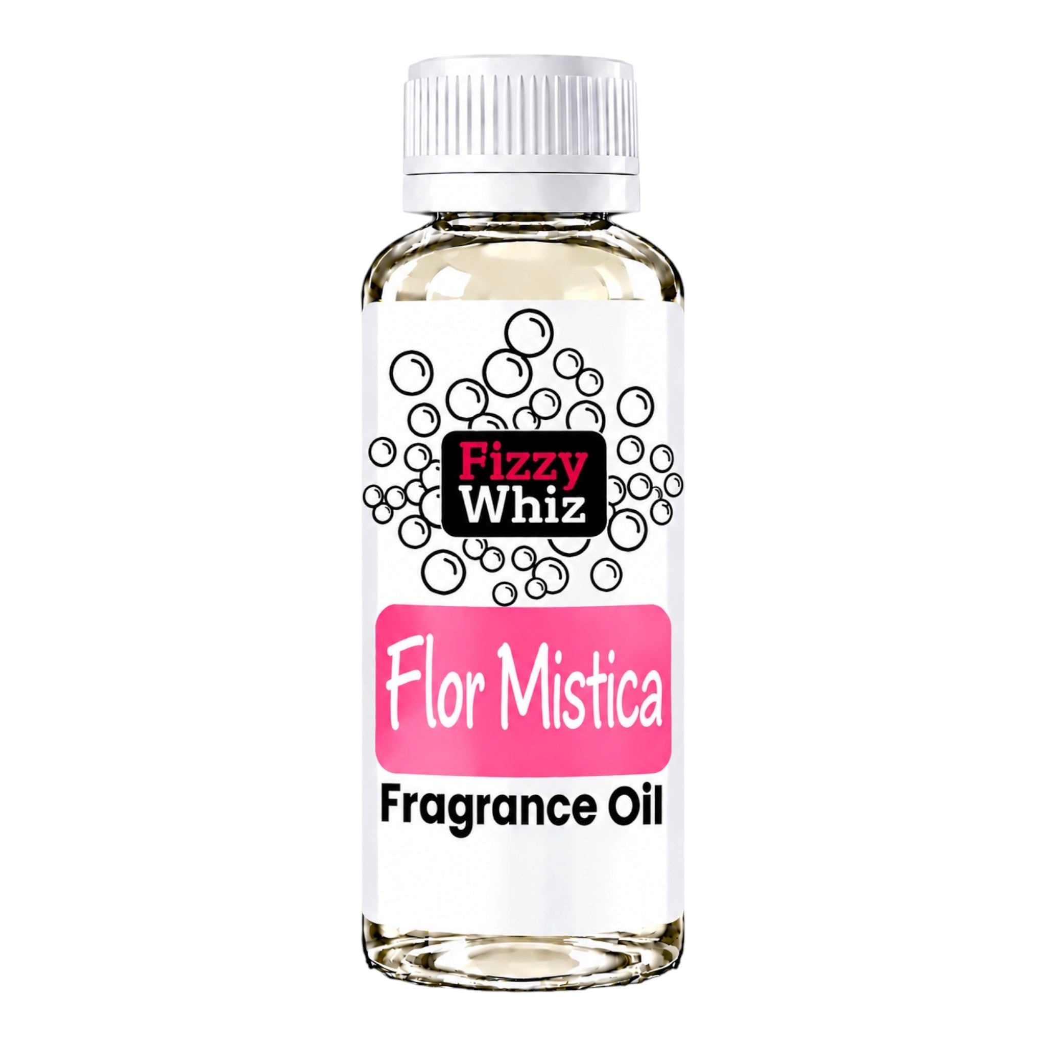 A bottle of Fizzy Whiz Flor Mistica Fragrance Oil on a solid white background. The bottle is clear glass showing the pale yellow liquid inside, topped with a white ribbed cap.