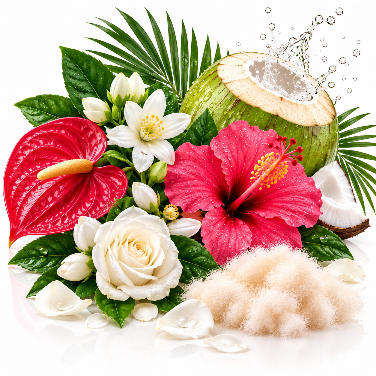 A tropical floral arrangement featuring a bright pink hibiscus flower, a red anthurium, white roses, white flowers, green palm leaves, a halved green coconut with water splashing from it, and a pile of fluffy cream-colored fibers on a white background.
