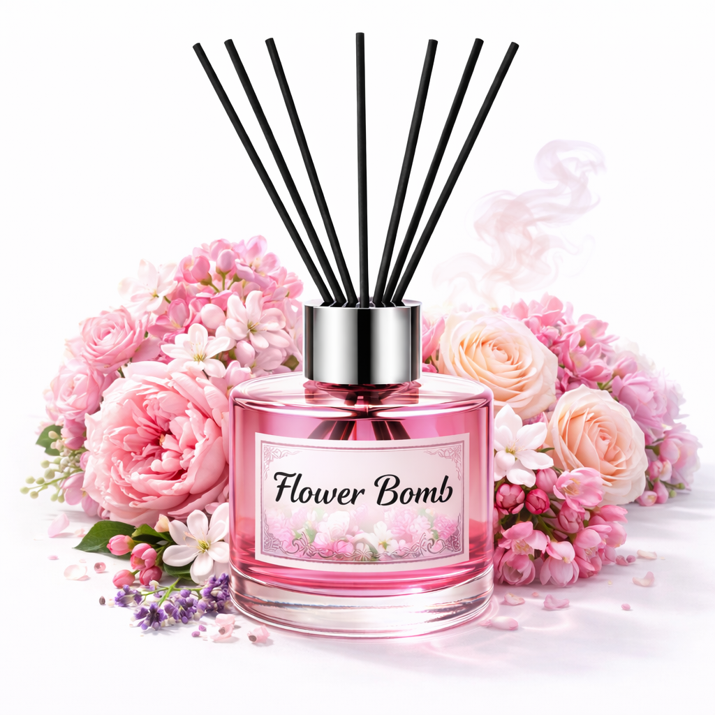 Pink diffuser bottle labeled 'Flower Bomb' with floral arrangement on a white background