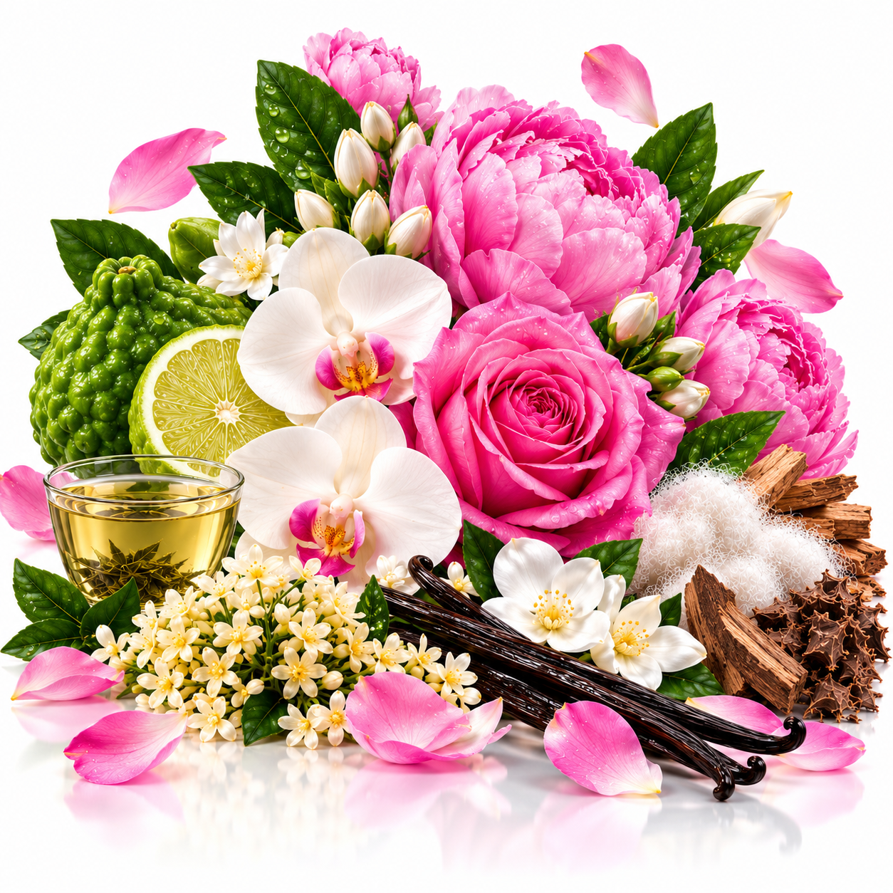Flower Bomb fragrance oil scent notes featuring pink peonies and roses, white orchids, jasmine, bergamot, green tea, vanilla pods and warm woody notes on a clean white background.