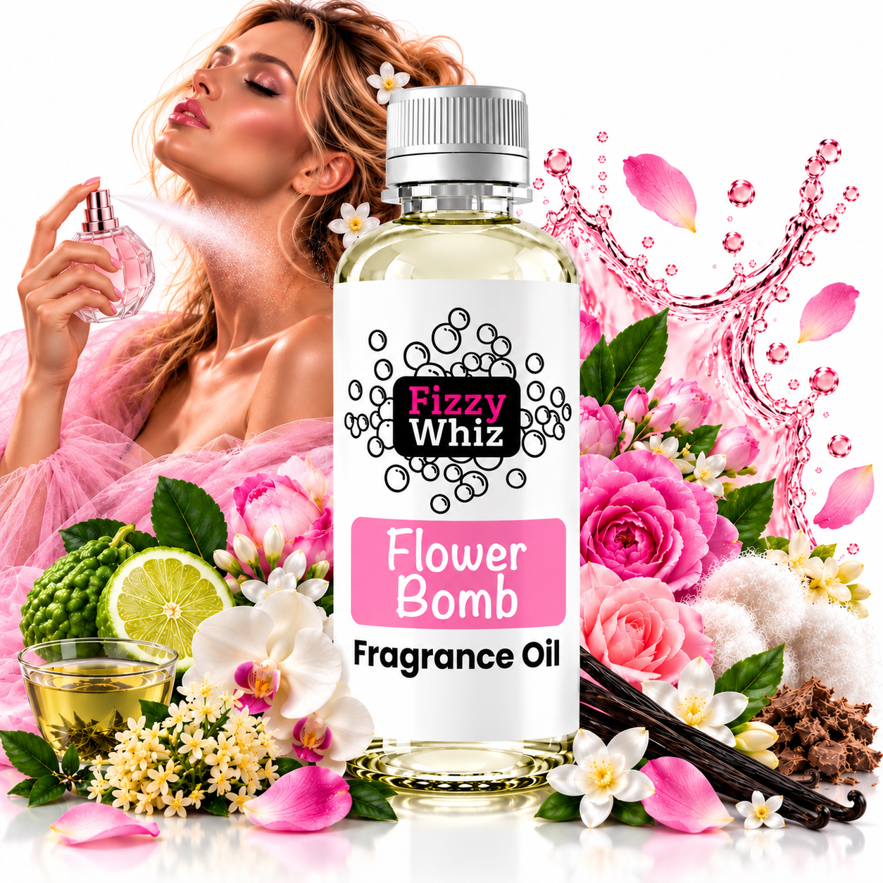 A bottle of Fizzy Whiz Flower Bomb fragrance oil centered in front of a woman spraying perfume, surrounded by pink roses, limes, vanilla beans, flowers, and a pink flower-splash graphic on a white background.