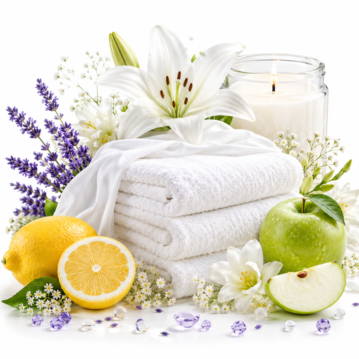 A styled spa-like arrangement with a stack of folded white towels, a white lily flower, purple lavender sprigs, a green apple, a lemon half, white flowers, clear faceted gems, and a lit candle in a glass jar on a white background.