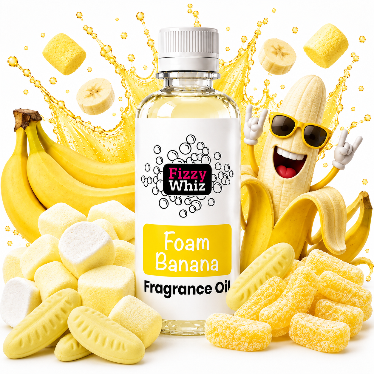 A bottle of Fizzy Whiz 'Foam Banana' fragrance oil centered on a white background, surrounded by illustrated bananas, marshmallows, and yellow foam candies. The bottle label reads 'Fizzy Whiz' and 'Foam Banana Fragrance Oil.