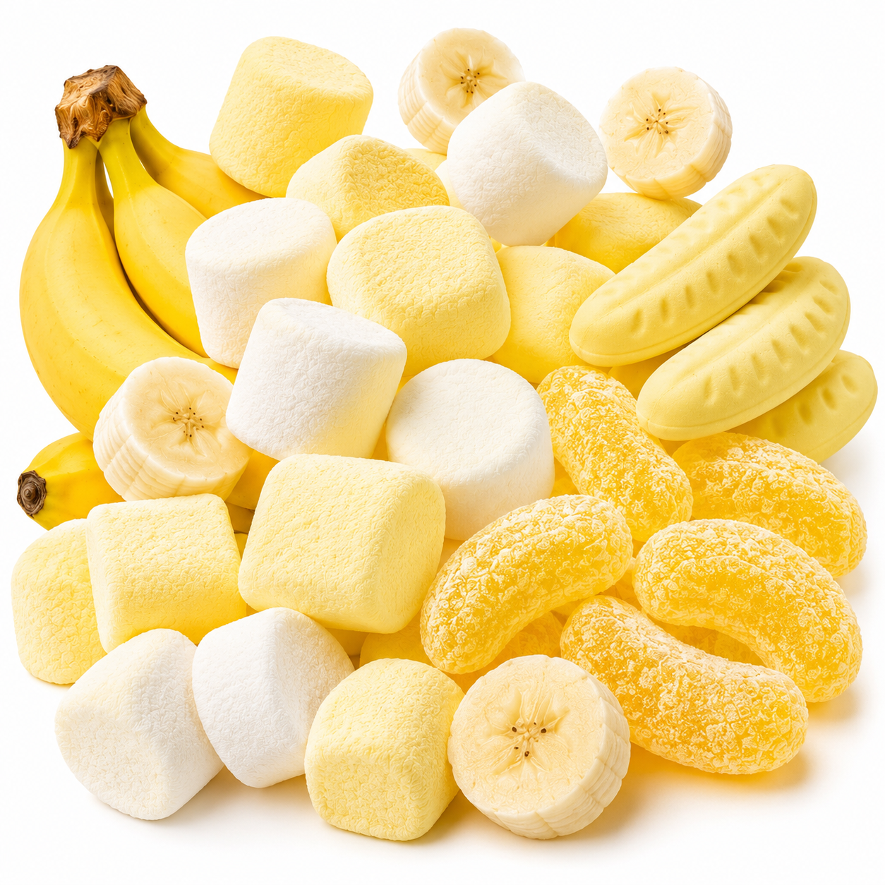 A pile of banana-flavored snacks and sweets on a white background, including whole and sliced bananas, soft yellow marshmallows, and yellow candy pieces with a sugar coating.