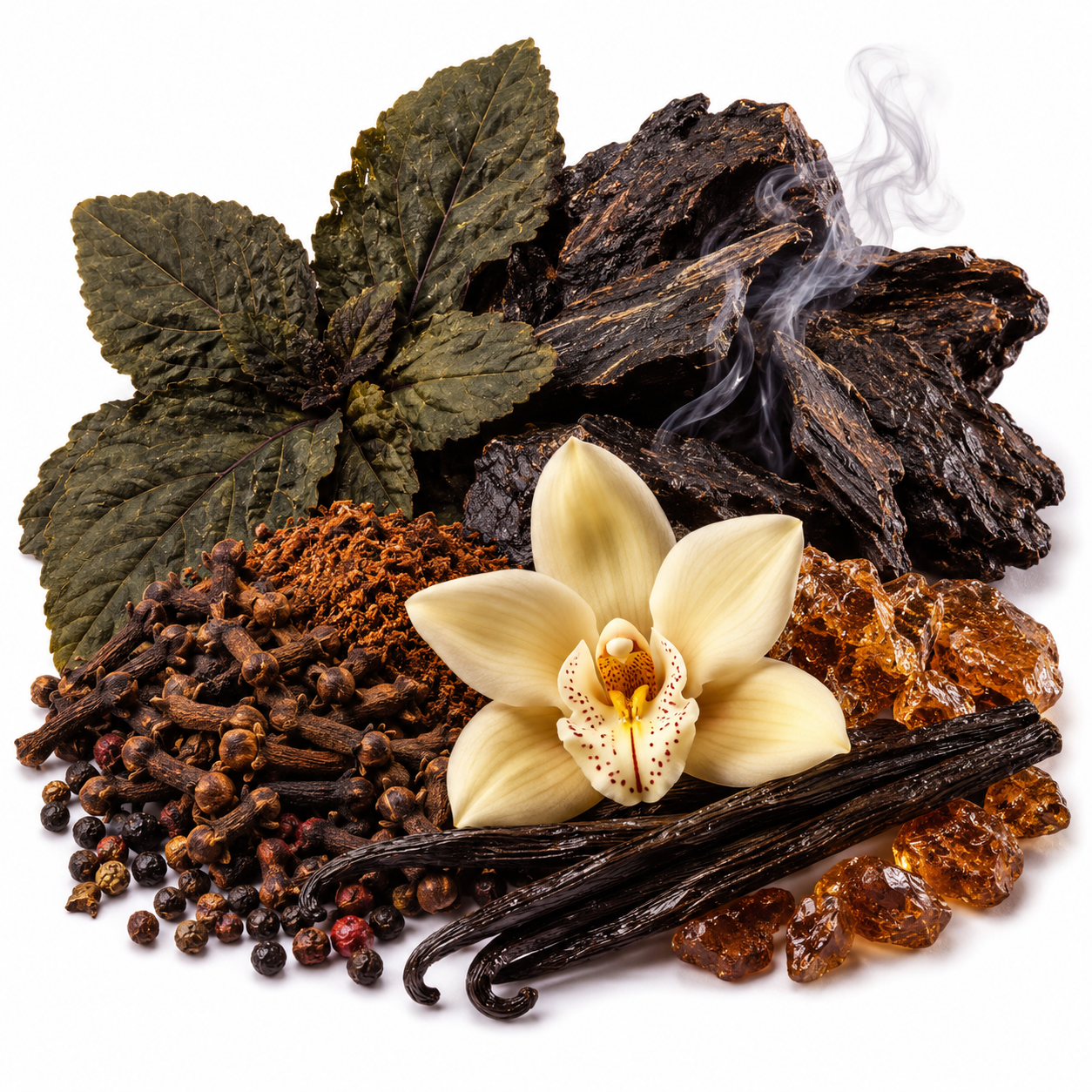 A botanical-style arrangement of natural ingredients on a white background: dark vanilla pods, a cream orchid flower, brown cloves, dried leaves, amber-like resin pieces, and a dark bark-like piece with visible steam.