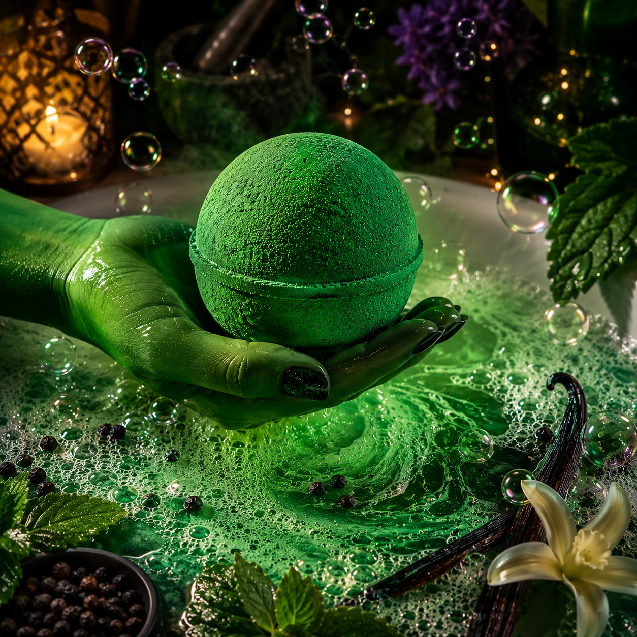 A green bath bomb held in a hand over foaming green water, surrounded by botanical elements like mint leaves, a vanilla bean, peppercorns, and bubbles in a dark, atmospheric setting.