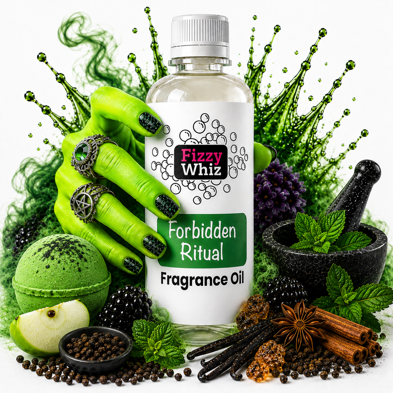 A bottle of Fizzy Whiz Forbidden Ritual Fragrance Oil is centered, surrounded by thematic ingredients including green moss, blackberries, star anise, cinnamon, peppercorns, mint leaves, a green macaron, and a green hand with rings against a white background.