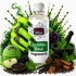 A bottle of Fizzy Whiz Forbidden Ritual Fragrance Oil is centered, surrounded by thematic ingredients including green moss, blackberries, star anise, cinnamon, peppercorns, mint leaves, a green macaron, and a green hand with rings against a white background.