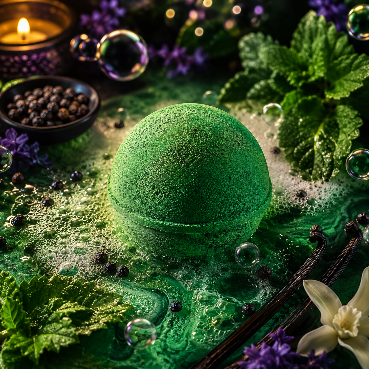 A spherical green bath bomb sits on a styled surface with mint leaves, purple flowers, bubbles, a lit candle, and small dark berries. The product is centered and clearly the main item being sold, with no person or animal present.