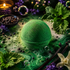 A spherical green bath bomb sits on a styled surface with mint leaves, purple flowers, bubbles, a lit candle, and small dark berries. The product is centered and clearly the main item being sold, with no person or animal present.