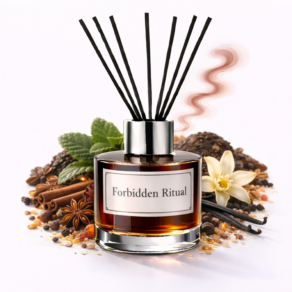 Reed diffuser labeled 'Forbidden Ritual' surrounded by spices and flowers on a white background