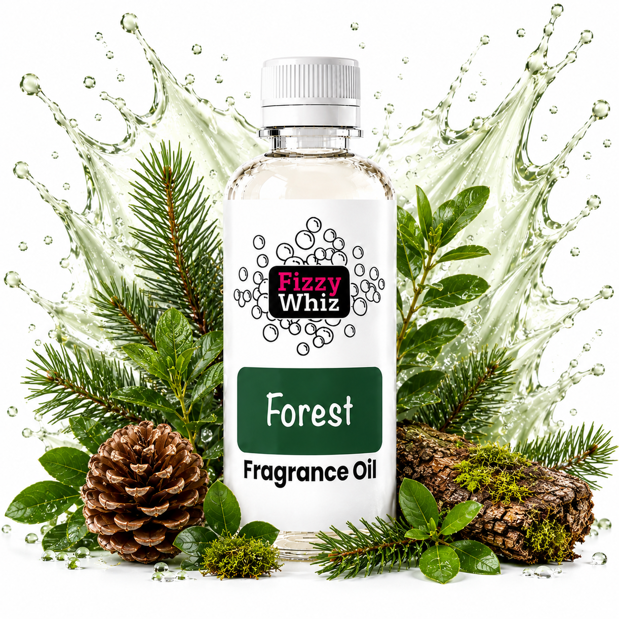 A bottle of Fizzy Whiz Forest Fragrance Oil surrounded by pine branches, a pinecone, mossy logs, and a water splash effect on a white background.