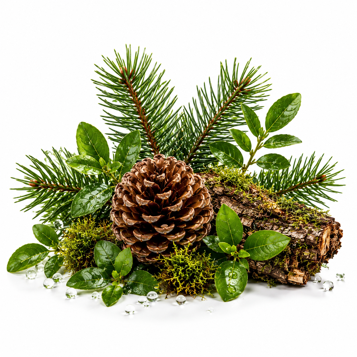 A natural holiday arrangement featuring a pinecone, evergreen branches, mossy log, and green leaves on a white background.