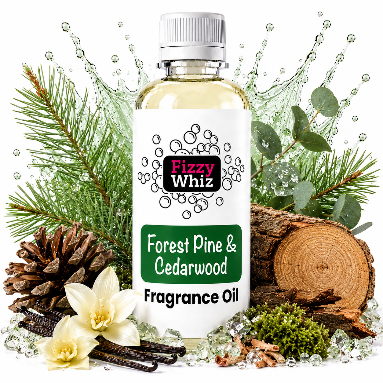 A bottle of Fizzy Whiz Forest Pine & Cedarwood Fragrance Oil centered on a white background, surrounded by pine needles, a pinecone, vanilla beans, a wood slice, and ice crystals to suggest a natural scent.