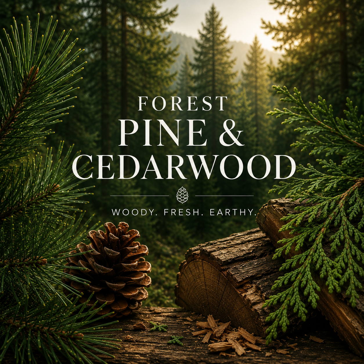 Forest Pine & Cedarwood image set in a forest 