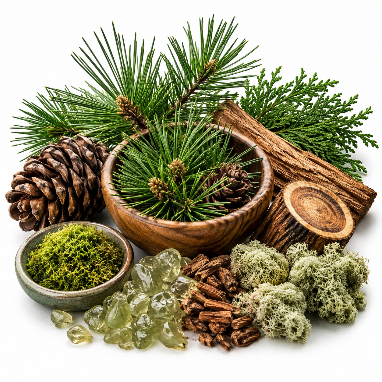 Natural herbal and botanical ingredients arranged on a white background, including pine needles, pinecones, a wood slice, green moss, pale green lichen-like patches, and small amber/green crystals.