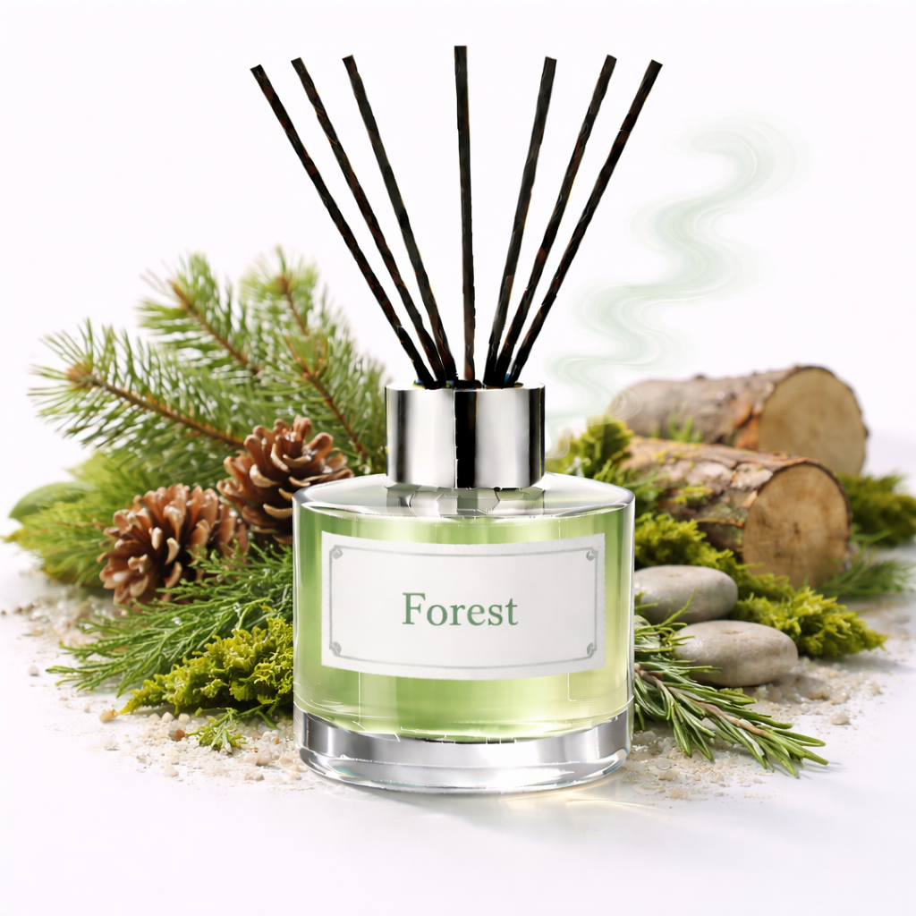 Reed diffuser labeled 'Forest' with decorative elements on a white background