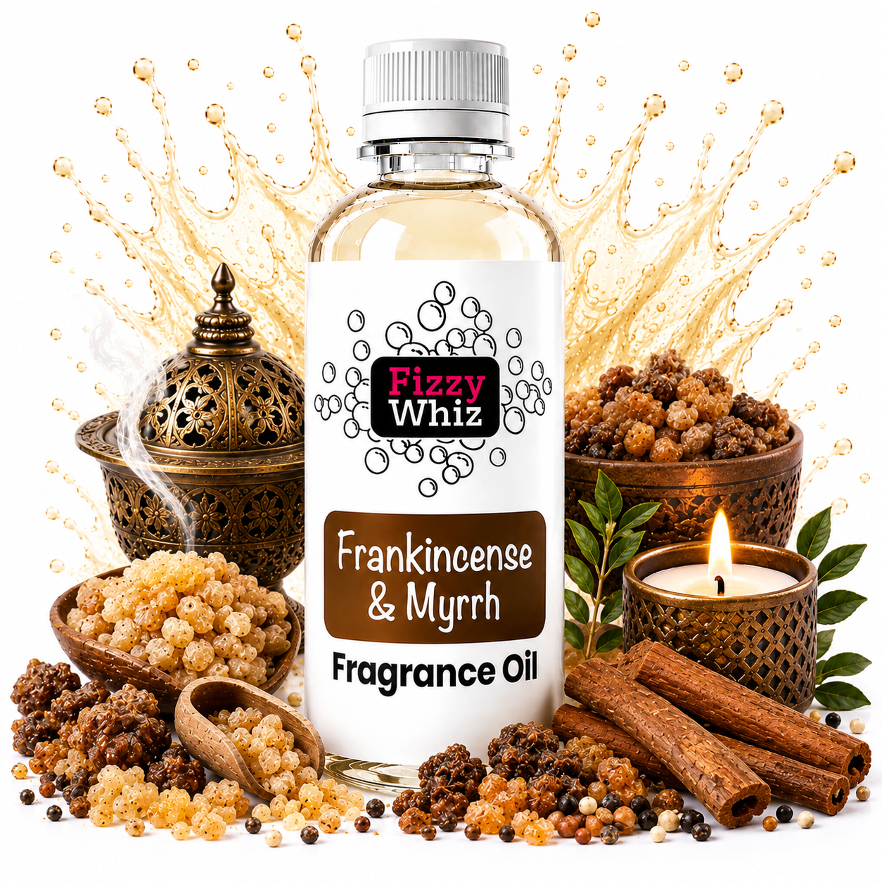 A bottle of Fizzy Whiz Frankincense & Myrrh Fragrance Oil centered against a white background with decorative incense burner, bowls of resin, cinnamon sticks, a lit candle, and golden liquid splash graphics.
