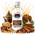 A bottle of Fizzy Whiz Frankincense & Myrrh Fragrance Oil centered against a white background with decorative incense burner, bowls of resin, cinnamon sticks, a lit candle, and golden liquid splash graphics.