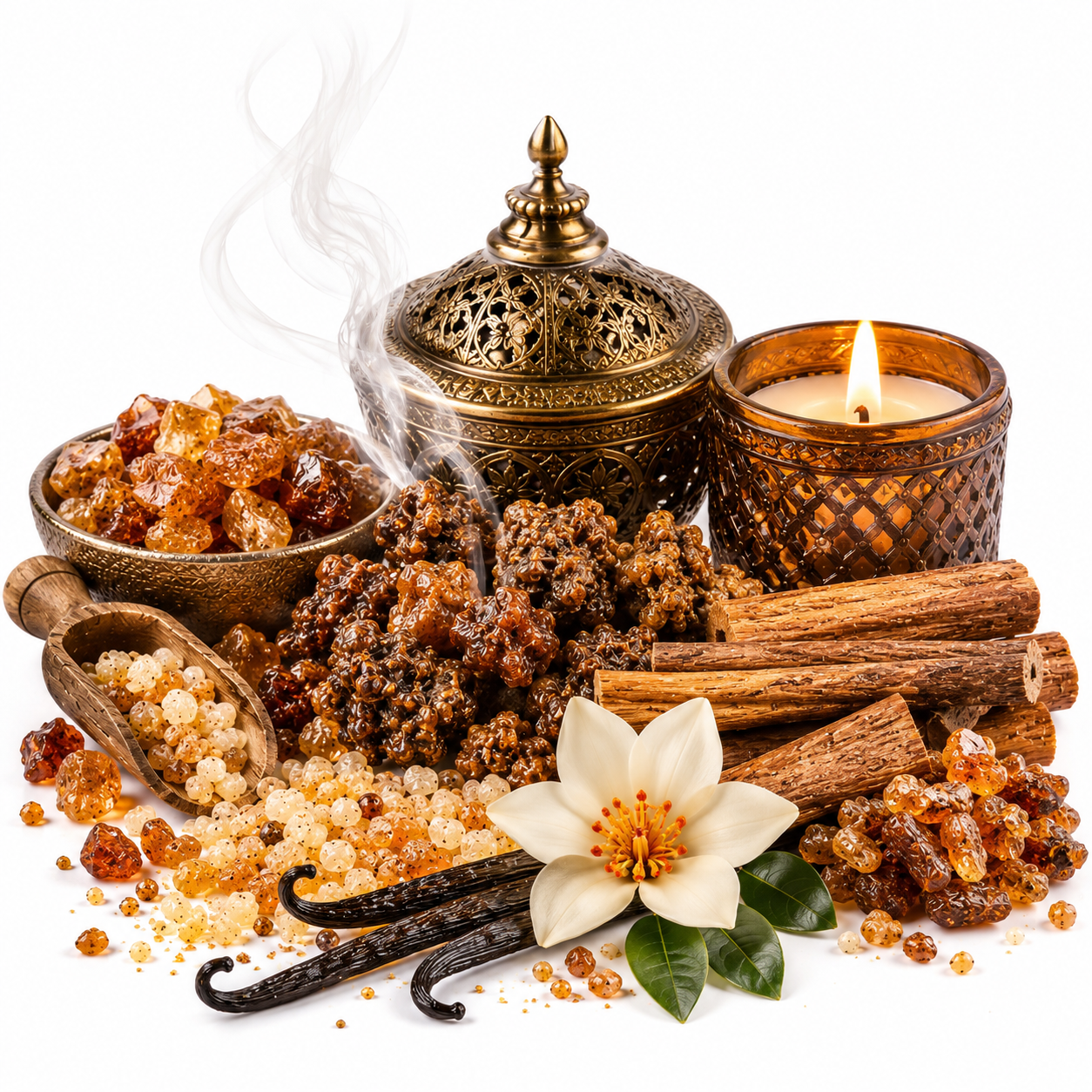 A styled still life of natural fragrance ingredients on a white background, including amber resin pieces, cinnamon sticks, vanilla pods, a white flower, incense, and an ornate brass incense burner with a lit candle nearby.