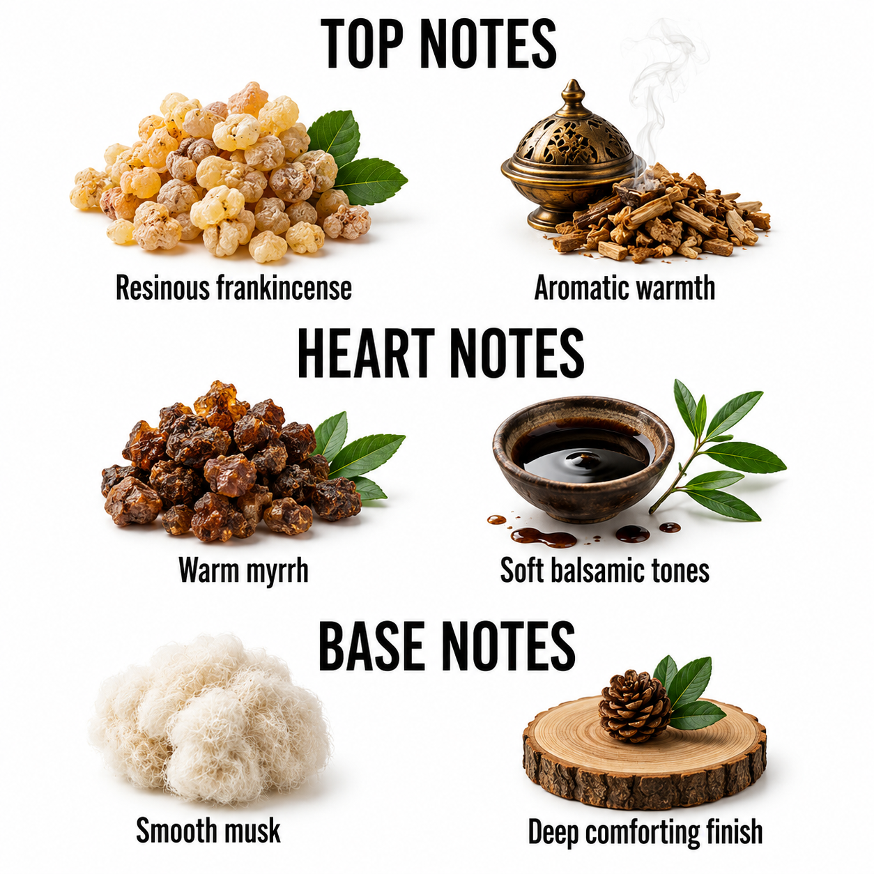 An infographic detailing the scent profile of a fragrance, categorized into Top Notes, Heart Notes, and Base Notes with corresponding ingredient illustrations and text labels on a white background.