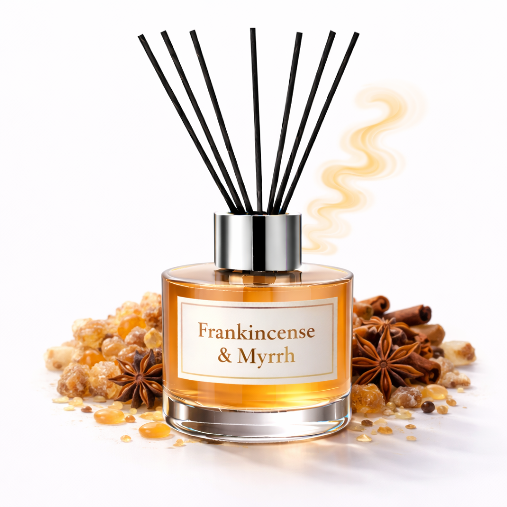 Frankincense & Myrrh Reed Diffuser Oil in a clear bottle and orange oil surrounding with spices on a white background 