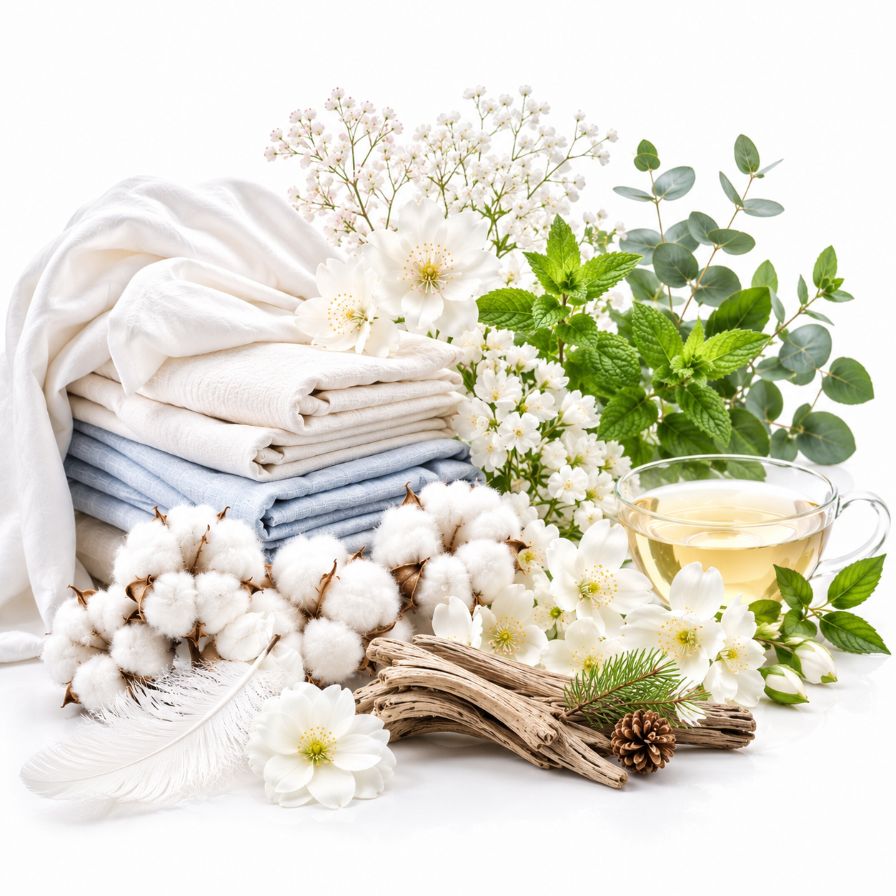 A styled arrangement of folded white and light blue towels or linens on a white background, surrounded by cotton bolls, white flowers, green leaves, a feather, driftwood, a pine cone, and a glass cup of pale yellow liquid.