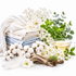 A styled arrangement of folded white and light blue towels or linens on a white background, surrounded by cotton bolls, white flowers, green leaves, a feather, driftwood, a pine cone, and a glass cup of pale yellow liquid.