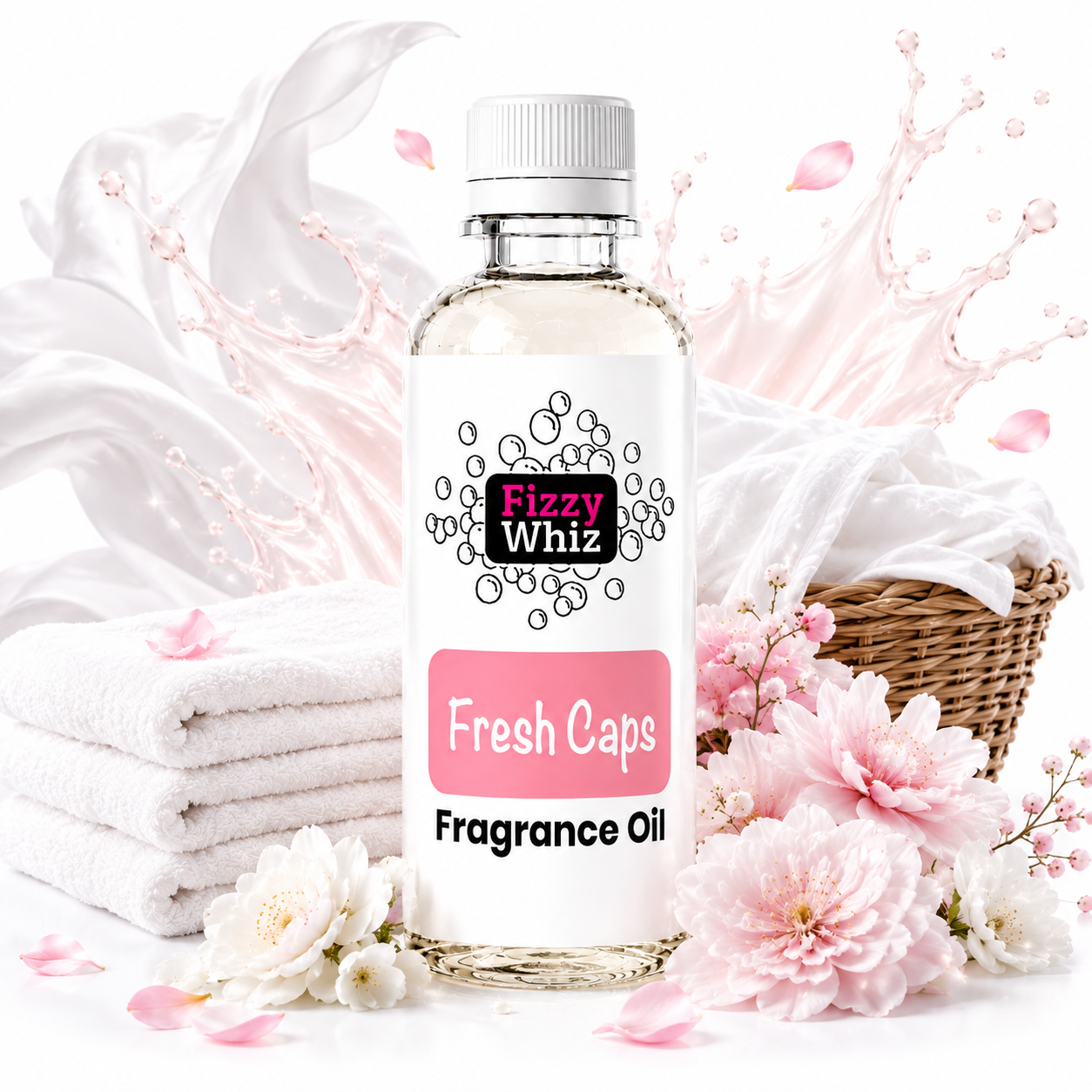 A bottle of Bizzy Whiz Fresh Caps Fragrance Oil centered on a white background, surrounded by folded white towels, pink flowers, petals, and a wicker basket with white fabric.