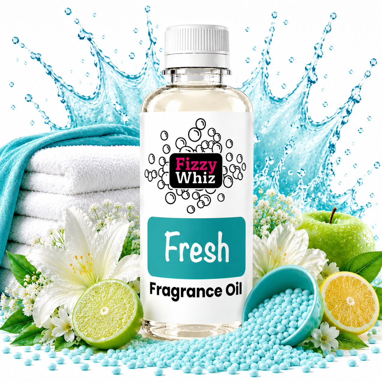 A bottle of Fizzy Whiz Fresh Fragrance Oil centered on a white background with decorative props including folded white towels, a turquoise towel, flowers, citrus slices, a green apple, blue beads, and a water splash graphic behind it.