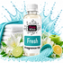 A bottle of Fizzy Whiz Fresh Fragrance Oil centered on a white background with decorative props including folded white towels, a turquoise towel, flowers, citrus slices, a green apple, blue beads, and a water splash graphic behind it.