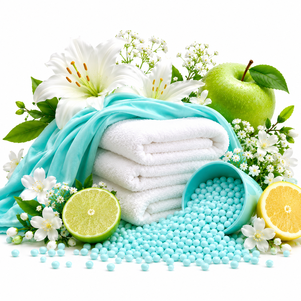A styled product shot featuring a stack of folded white towels draped with a bright aqua blue fabric, with small aqua beads spilled from a matching container. The scene is decorated with white lilies, a green apple, lime halves, lemon halves, and small white flowers on a clean white background.