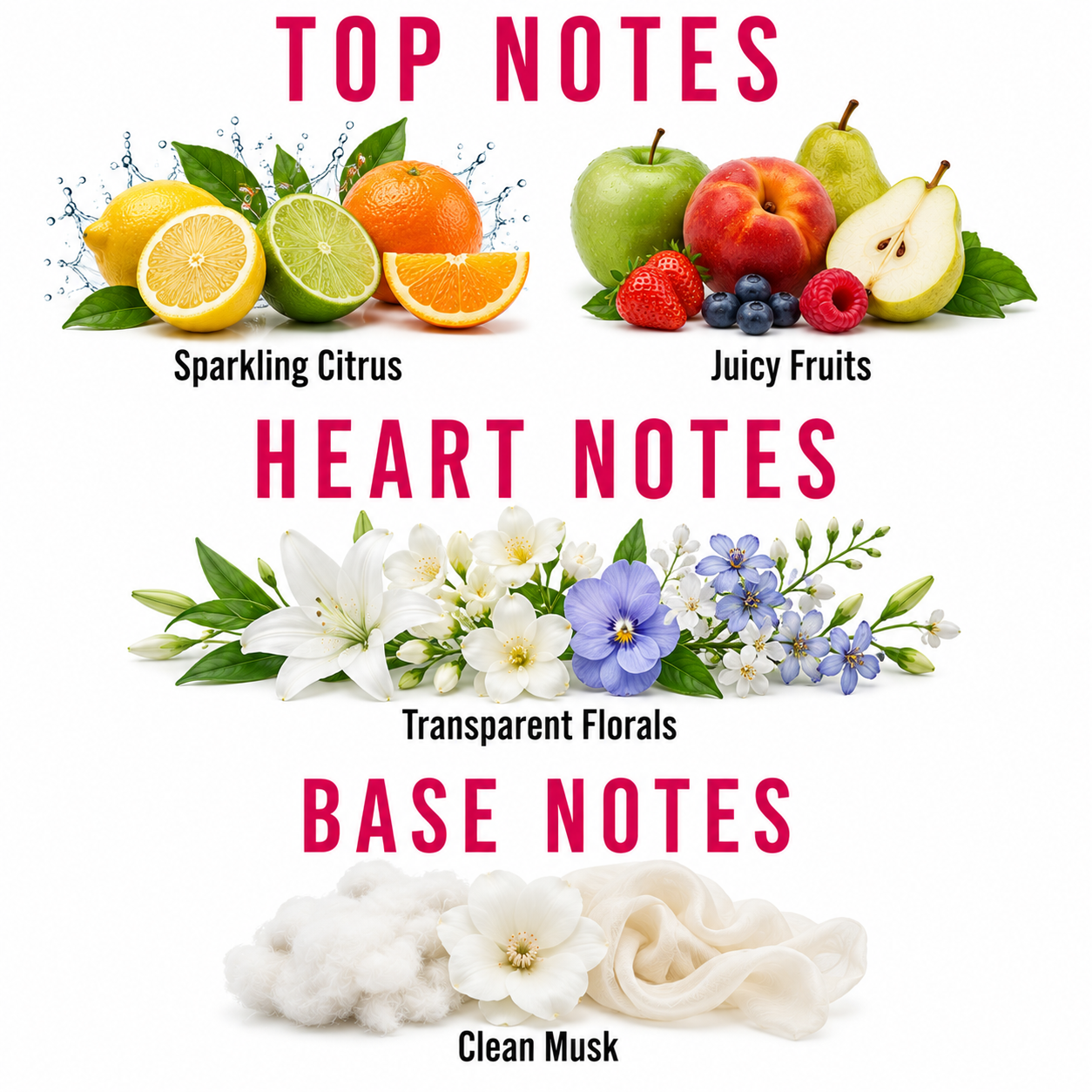 A fragrance notes graphic on a white background with pink and black text reading 'TOP NOTES', 'HEART NOTES', and 'BASE NOTES'. Top notes show citrus and juicy fruits; heart notes show white, blue, and purple flowers; base notes show fluffy white cotton and a white flower labeled 'Clean Musk'.